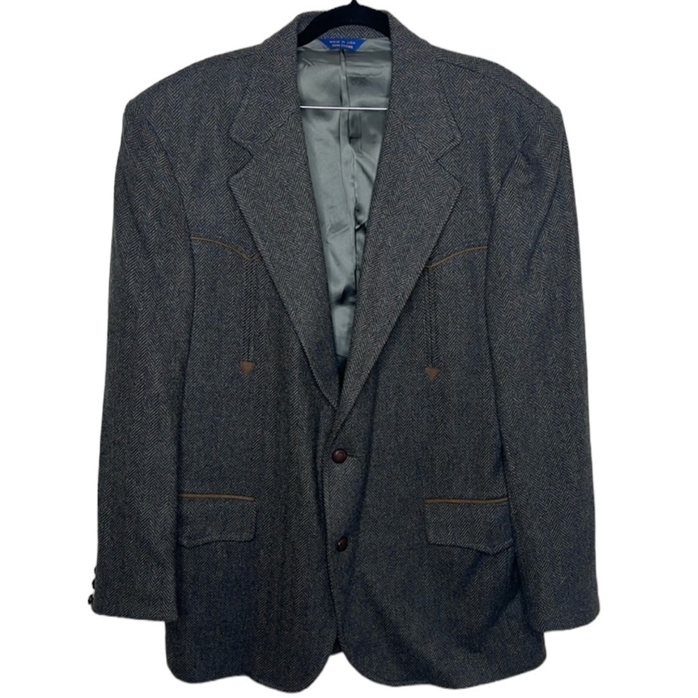VTG Pendleton Navy Grey Herringbone Virign Wool Sportscoat Men's Size 42 Long
